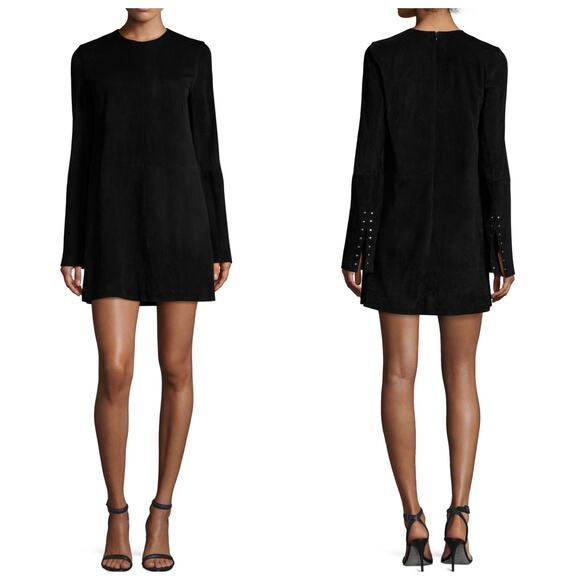 Theory Komiza Tilde Studded-Sleeve Suede Shift Dress Black - Picture 1 of 10